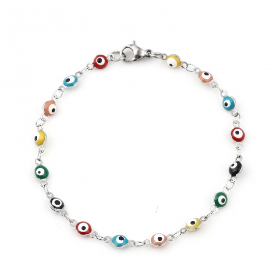 Picture of 304 Stainless Steel Stylish Bracelets Silver Tone At Random Color Round Evil Eye Enamel 19.5cm(7 5/8") long, 1 Piece