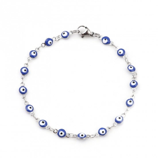 Picture of 304 Stainless Steel Stylish Bracelets Silver Tone Blue Round Evil Eye Enamel 19.5cm(7 5/8") long, 1 Piece