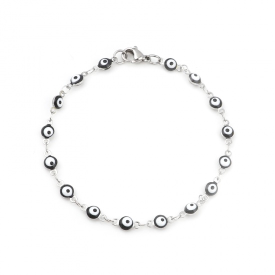 Picture of 304 Stainless Steel Stylish Bracelets Silver Tone Black Round Evil Eye Enamel 19.5cm(7 5/8") long, 1 Piece