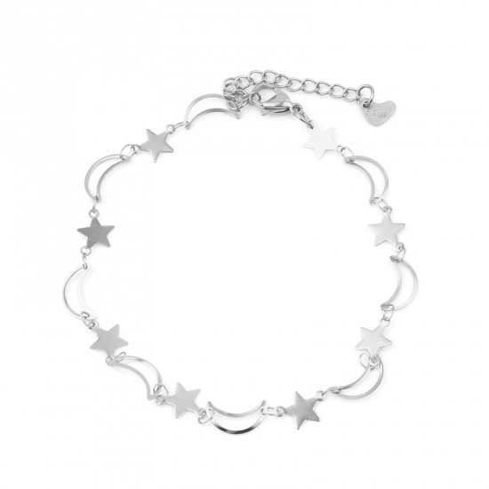 Picture of 304 Stainless Steel Stylish Anklet Silver Tone Star Moon 22.5cm(8 7/8") long, 1 Piece