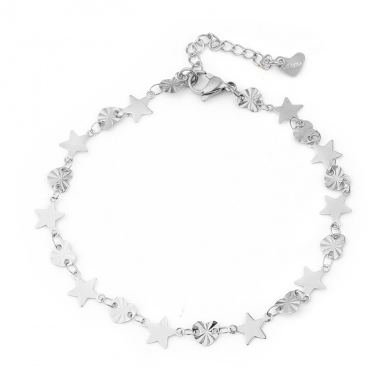 Picture of 304 Stainless Steel Stylish Anklet Silver Tone Heart Star 23cm(9") long, 1 Piece