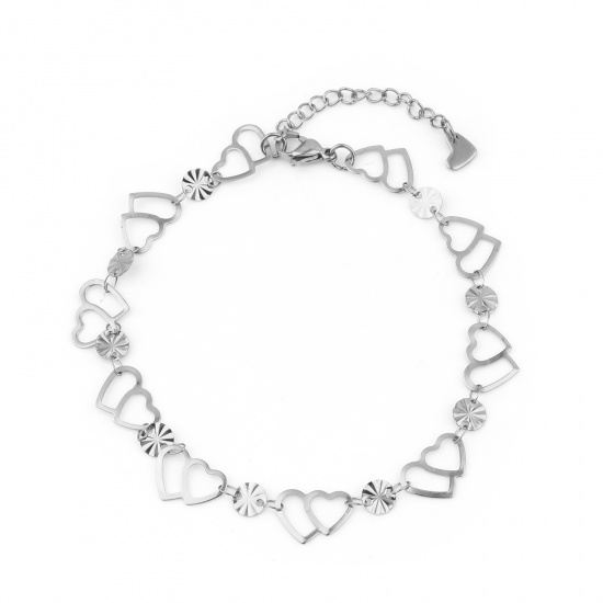 Picture of 304 Stainless Steel Stylish Anklet Silver Tone Heart Round 23cm(9") long, 1 Piece