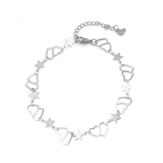 Picture of 304 Stainless Steel Stylish Anklet Silver Tone Heart Star 22.5cm(8 7/8") long, 1 Piece