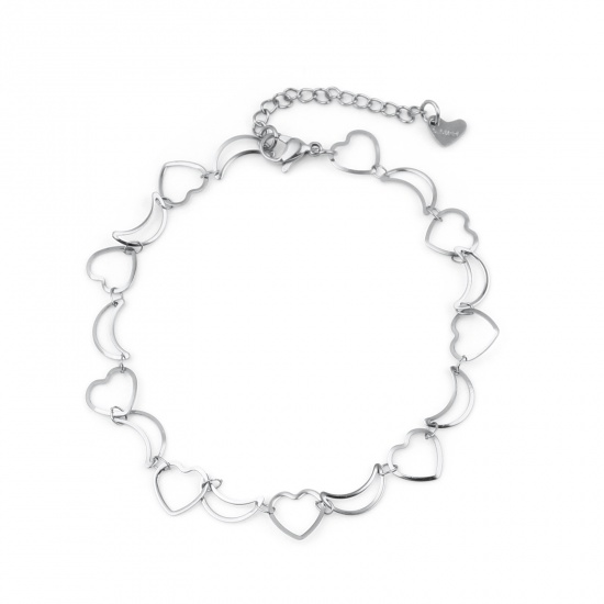 Picture of 304 Stainless Steel Stylish Anklet Silver Tone Heart Moon 22.5cm(8 7/8") long, 1 Piece