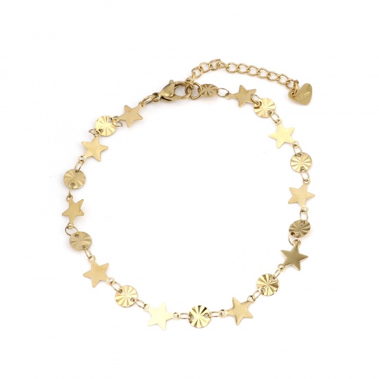 Picture of 1 Piece Vacuum Plating 304 Stainless Steel Stylish Anklet Gold Plated Round Star 22.5cm(8 7/8") long
