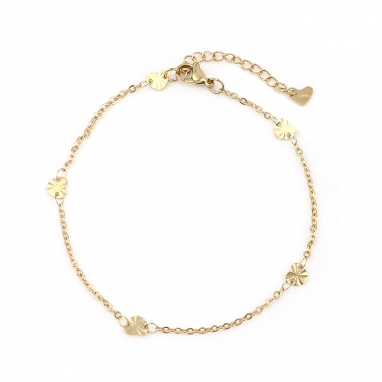 Picture of 1 Piece Vacuum Plating 304 Stainless Steel Stylish Anklet Gold Plated Heart 23.5cm(9 2/8") long
