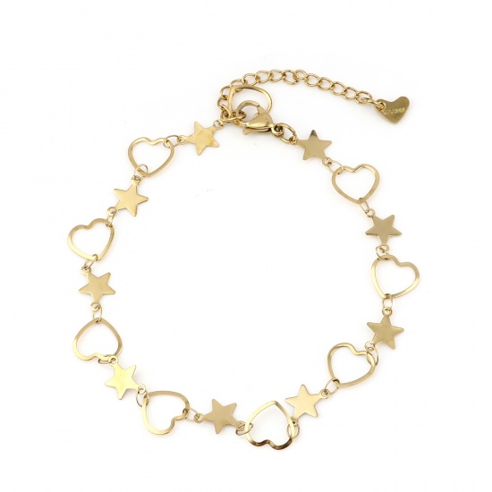 Picture of 1 Piece Vacuum Plating 304 Stainless Steel Stylish Anklet Gold Plated Heart Star 23cm(9") long