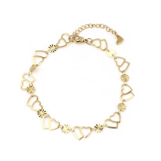Picture of 1 Piece Vacuum Plating 304 Stainless Steel Stylish Anklet Gold Plated Round Heart 23cm(9") long