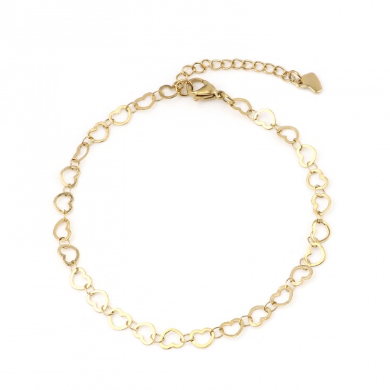 Picture of 1 Piece Vacuum Plating 304 Stainless Steel Stylish Anklet Gold Plated Heart 23cm(9") long