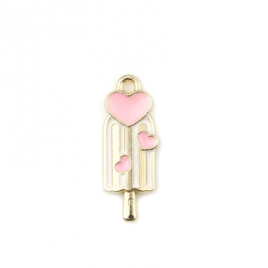 Picture of Zinc Based Alloy Charms Ice Lolly Gold Plated White & Pink Enamel 22mm x 9mm, 5 PCs