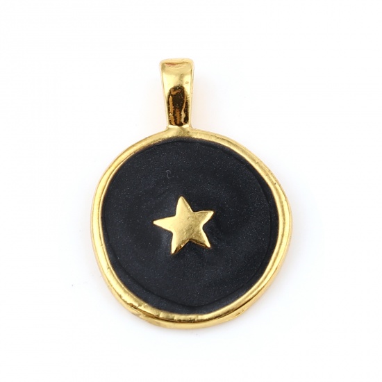 Picture of Zinc Based Alloy Galaxy Charms Round Gold Plated Black Star Enamel 25mm x 18mm, 10 PCs