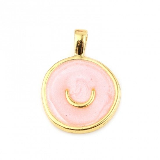 Picture of Zinc Based Alloy Galaxy Charms Round Gold Plated Pink Moon Enamel 25mm x 18mm, 10 PCs