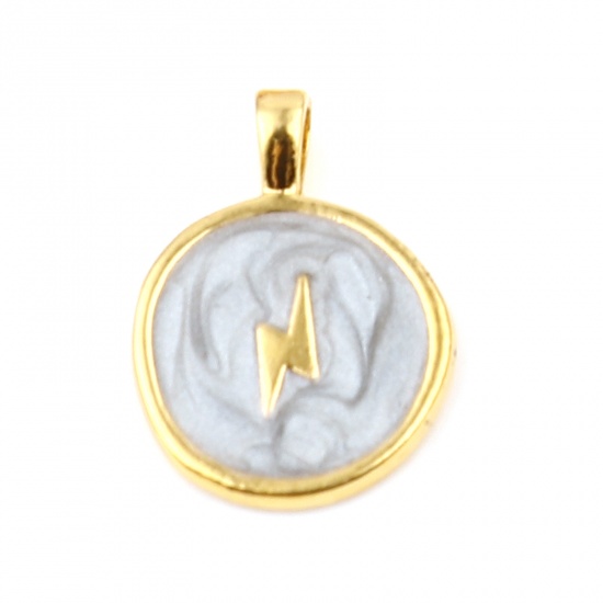 Picture of Zinc Based Alloy Weather Collection Charms Round Gold Plated Gray Lightning Enamel 25mm x 18mm, 10 PCs