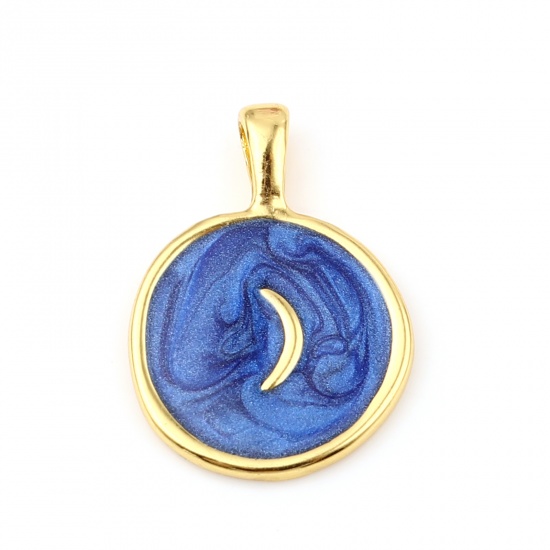 Picture of Zinc Based Alloy Galaxy Charms Round Gold Plated Blue Moon Enamel 25mm x 18mm, 10 PCs