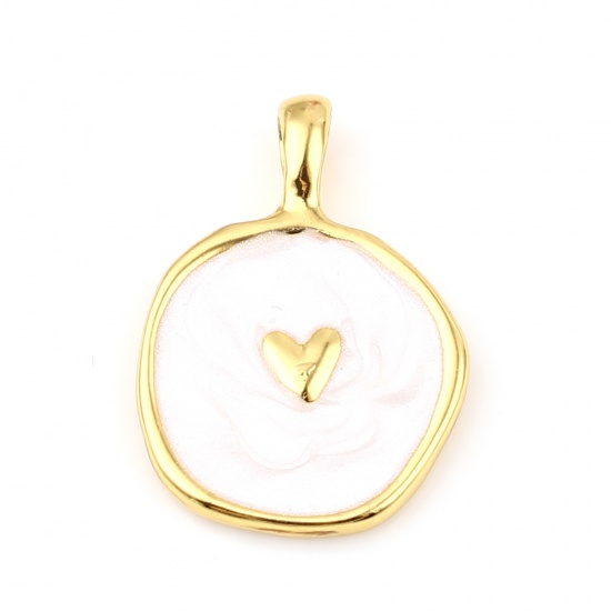 Picture of Zinc Based Alloy Charms Round Gold Plated White Heart Enamel 25mm x 18mm, 10 PCs