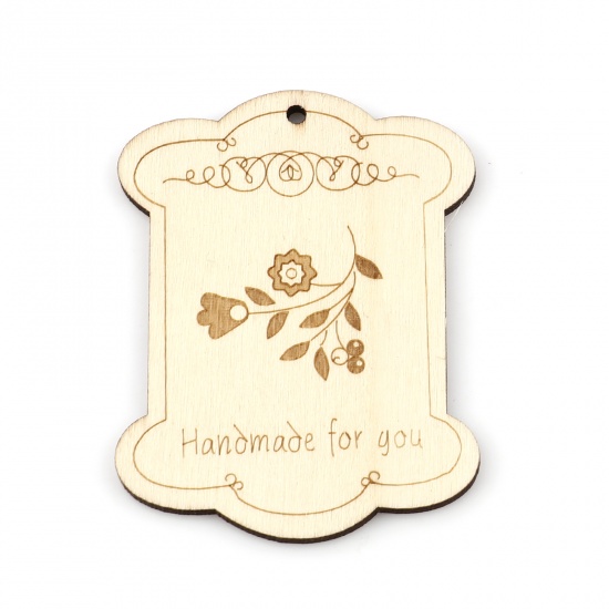 Picture of Wood Pendants Irregular Pale Yellow Flower Message " Handmade fou you " 65mm x 54mm, 10 PCs