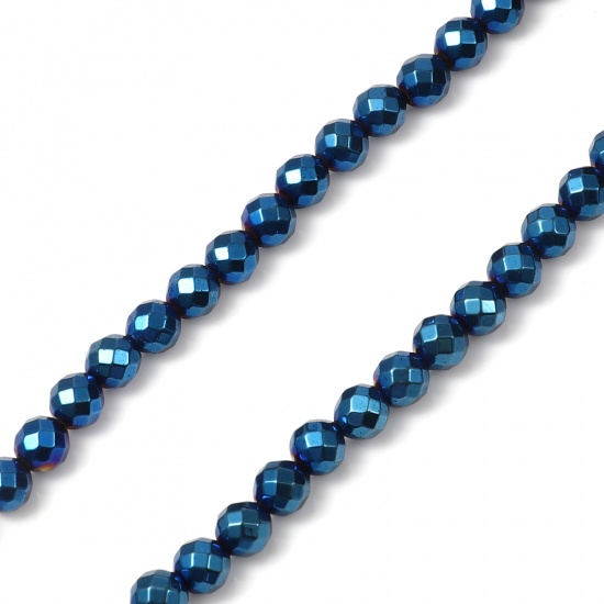 Image de (Classement A) Perles en Hématite （ Naturel ） Rond Bleu A Facettes Env. 6mm Dia, Trou: env. 0.8mm, 39cm - 38cm long, 1 Enfilade (Env. 65 Pcs/Enfilade)