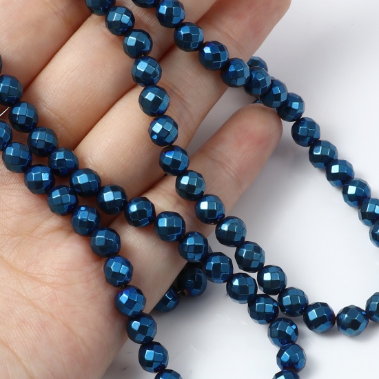 Image de (Classement A) Perles en Hématite （ Naturel ） Rond Bleu A Facettes Env. 6mm Dia, Trou: env. 0.8mm, 39cm - 38cm long, 1 Enfilade (Env. 65 Pcs/Enfilade)