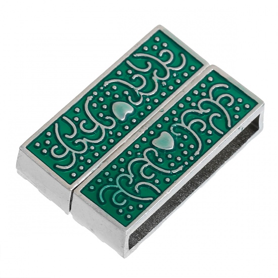 Immagine di Lega di Zinco + Ematite Magnetica Chiusura Magnetica Rettangolo Tono Argento Modello Scolpito Verde Smalto 32mm x 22mm, 2 Set