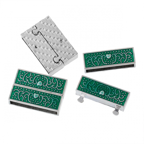 Bild von Zinklegierung + Magneteisen Magnetverschluss Rechteck Silberfarbe, Muster Muster Grün Emaille 32mm x 22mm, 2 Sets