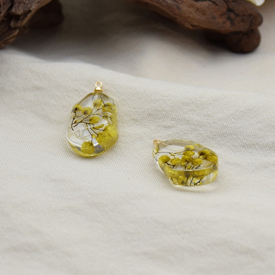 Picture of Resin & Real Dried Flower Charms Irregular Yellow-green Transparent 27mm x 17mm, 2 PCs