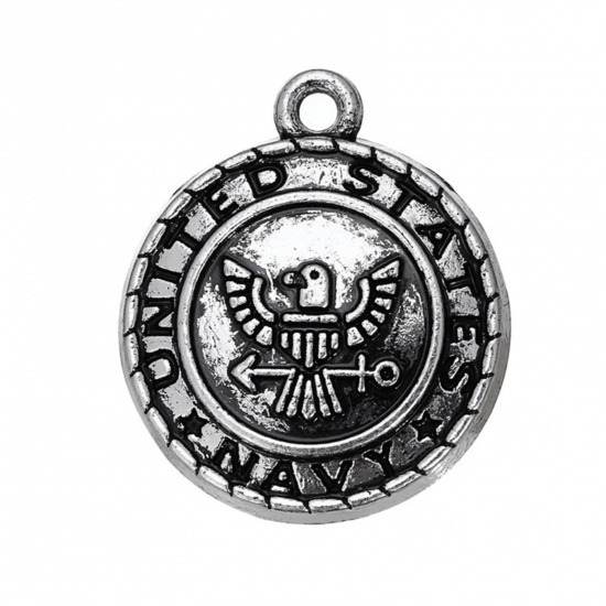 Picture of Zinc Based Alloy Charms Round Antique Silver Color United States Navy Logo 23mm x 20mm, 10 PCs
