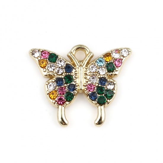 Picture of Zinc Based Alloy Insect Charms Butterfly Animal Gold Plated Micro Pave At Random Rhinestone 15mm x 12mm, 5 PCs