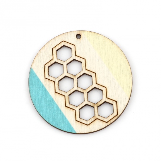 ウッド ペンダント 蜂の巣 黄+青 円形柄 5cm、 10 個 の画像