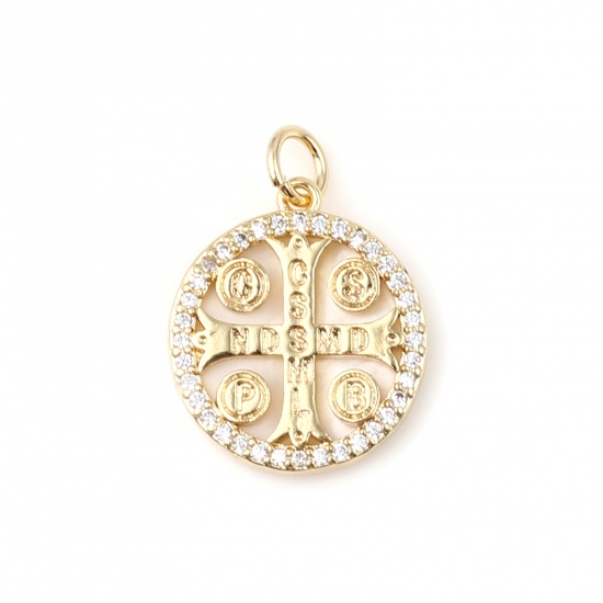 Image de Breloques en Laiton Rond Plaqué Or Véritable 18K Croix à Strass Transparent 21mm x 16mm, 1 Pièce