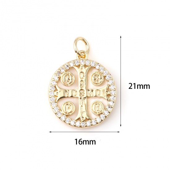Image de Breloques en Laiton Rond Plaqué Or Véritable 18K Croix à Strass Transparent 21mm x 16mm, 1 Pièce