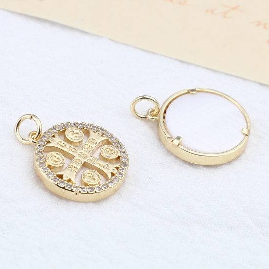 Image de Breloques en Laiton Rond Plaqué Or Véritable 18K Croix à Strass Transparent 21mm x 16mm, 1 Pièce