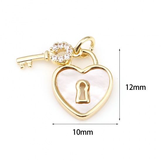 Picture of Copper Charms 18K Real Gold Plated White Heart Key Clear Rhinestone 12mm x 10mm, 1 Piece