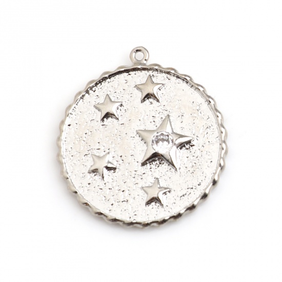 Immagine di Ottone Charms 18K Vero Platino Placcato Tondo Stella Trasparente Strass 25mm x 23mm, 1 Pz