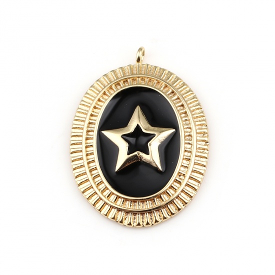 Picture of Brass Galaxy Charms 18K Real Gold Plated Black Oval Star Enamel 24mm x 18mm, 1 Piece                                                                                                                                                                          