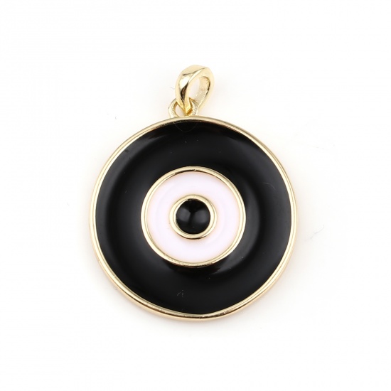 Picture of Brass Charms 18K Real Gold Plated Black & White Round Enamel 23mm x 18mm, 1 Piece                                                                                                                                                                             