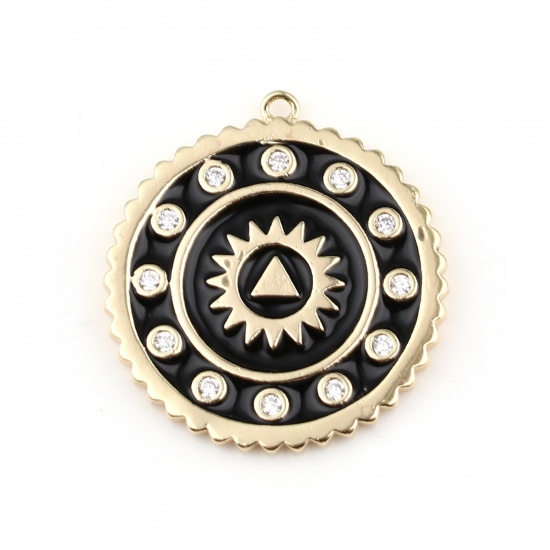 Picture of Brass Galaxy Charms 18K Real Gold Plated Black Round Sun Enamel Clear Rhinestone 25mm x 23mm, 1 Piece                                                                                                                                                         