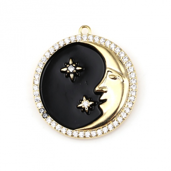 Picture of Brass Galaxy Charms 18K Real Gold Plated Black Round Moon Face Micro Pave Clear Rhinestone 25mm x 23mm, 1 Piece                                                                                                                                               