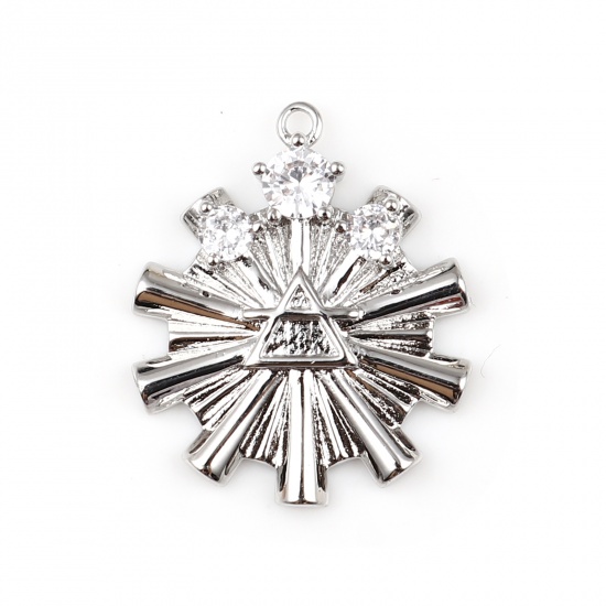 Picture of Brass Charms 18K Real Platinum Plated Triangle Snowflake Clear Rhinestone 22mm x 19mm, 2 PCs