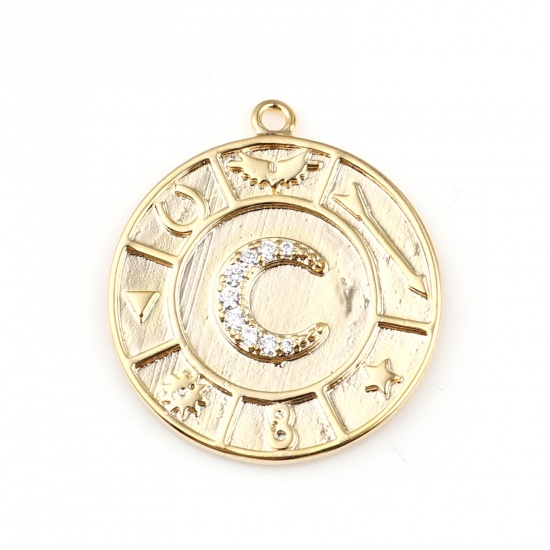 Immagine di Ottone Galassia Charms 18K Vero Oro Placcato Tondo Luna Micro Spianare Trasparente Strass 25mm x 23mm, 1 Pz