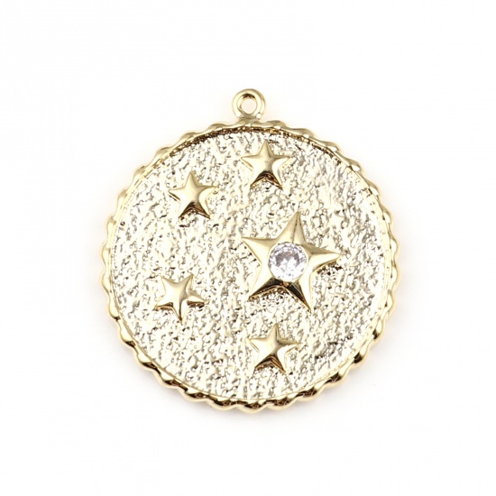 Immagine di Ottone Charms 18K Vero Oro Placcato Tondo Stella Trasparente Strass 25mm x 23mm, 1 Pz