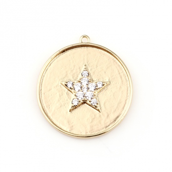 Immagine di Ottone Galassia Charms 18K Vero Oro Placcato Tondo Stella Trasparente Strass 25mm x 23mm, 1 Pz