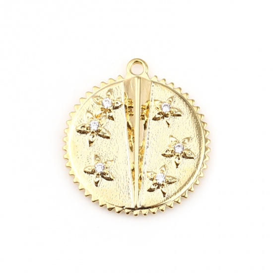 Immagine di Ottone Charms 18K Vero Oro Placcato Tondo Fiore Trasparente Strass 19mm x 17mm, 1 Pz