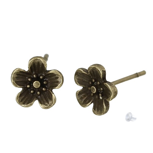 Image de Boucles d'Oreilles Puces Fleur du Prunier Bronze Antique avec Embouts 8mm x 8mm, Epaisseur de Fil: (21 gauge), 2 Pcs
