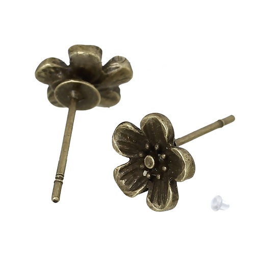 Image de Boucles d'Oreilles Puces Fleur du Prunier Bronze Antique avec Embouts 8mm x 8mm, Epaisseur de Fil: (21 gauge), 2 Pcs