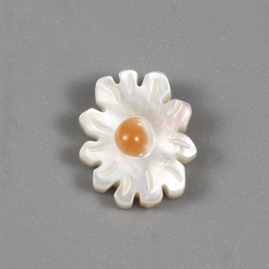 Picture of Natural Shell Loose Beads Chrysanthemum Flower White & Yellow About 13mm x 10mm, Hole:Approx 0.7mm, 1 Piece
