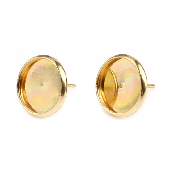 Picture of 304 Stainless Steel Ear Post Stud Earrings Round Gold Plated Cabochon Settings (Fits 12mm Dia.) 14mm Dia., Post/ Wire Size: (20 gauge), 10 PCs