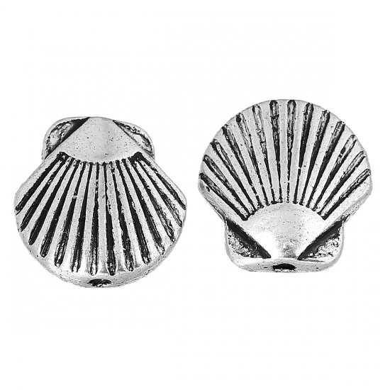 Picture of Spacer Beads Shell Antique Silver Color Stripe Carved About 13mm x 13mm, Hole:Approx 1.2mm, 50 PCs
