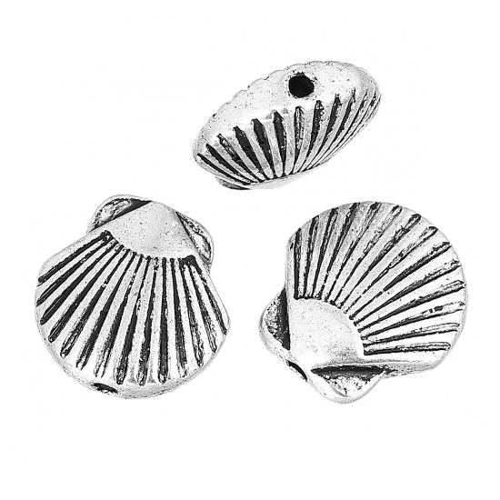 Picture of Spacer Beads Shell Antique Silver Color Stripe Carved About 13mm x 13mm, Hole:Approx 1.2mm, 50 PCs