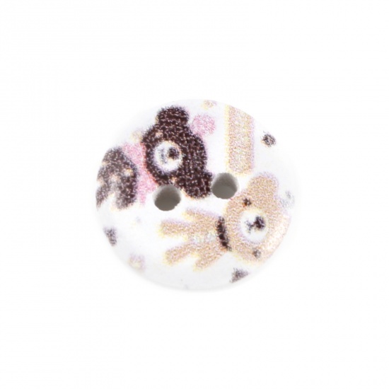 Picture of Natural Wood Sewing Buttons Scrapbooking Two Holes Round White & Brown Bear 15mm Dia., 100 PCs