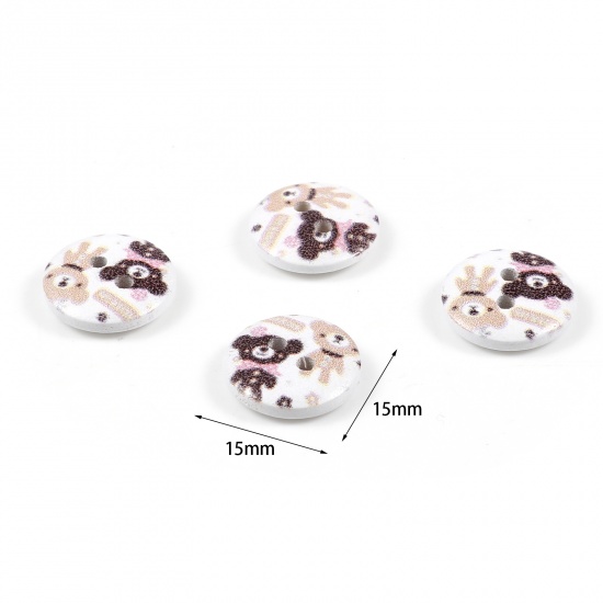 Picture of Natural Wood Sewing Buttons Scrapbooking Two Holes Round White & Brown Bear 15mm Dia., 100 PCs